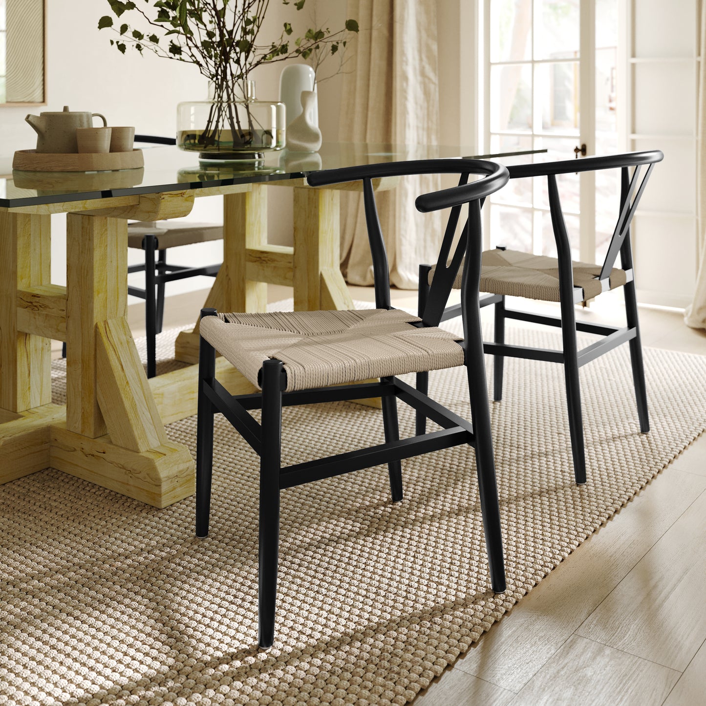 Logan Commercial Grade Y-Back Style Wood and Kraft Paper Stackable Dining Chair with Black/Natural Finish Black Frame/Natural Seat