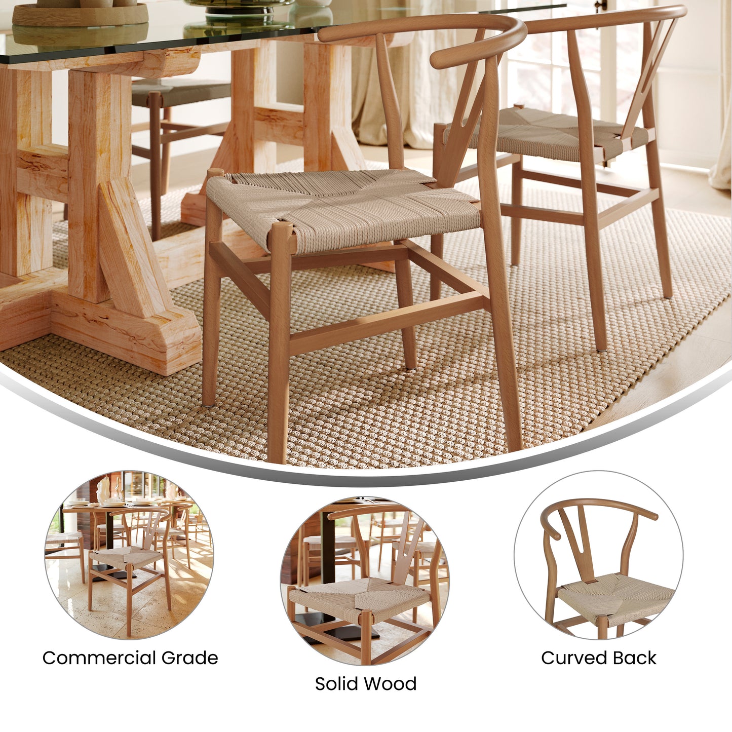 Logan Commercial Grade Y-Back Style Wood and Kraft Paper Stackable Dining Chair with Oak/Natural Finish Oak Frame/Natural Seat ZH-8101YS-OAK-NAT-GG