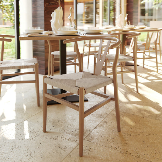 Logan Commercial Grade Y-Back Style Wood and Kraft Paper Stackable Dining Chair with Oak/Natural Finish Oak Frame/Natural Seat ZH-8101YS-OAK-NAT-GG
