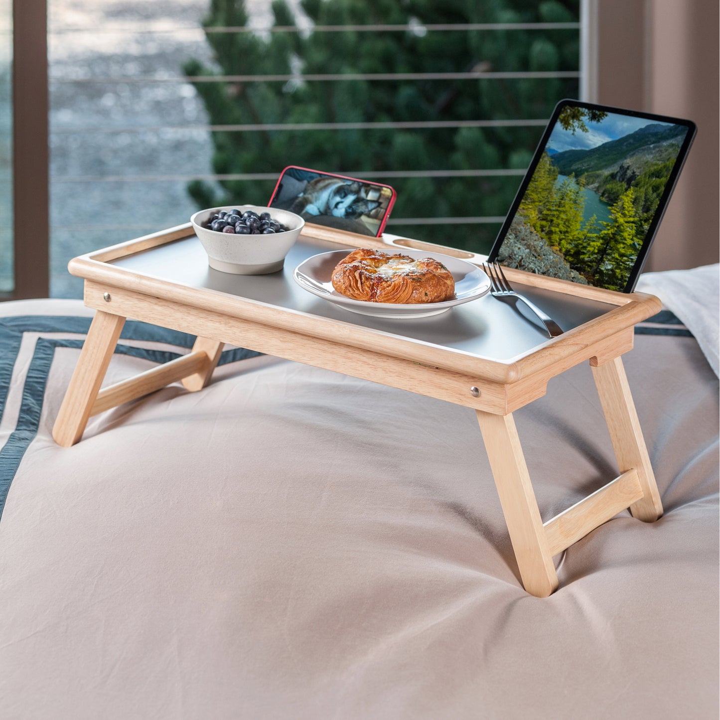 Arlo Breakfast Tray with Flip Top, Gray and Natural