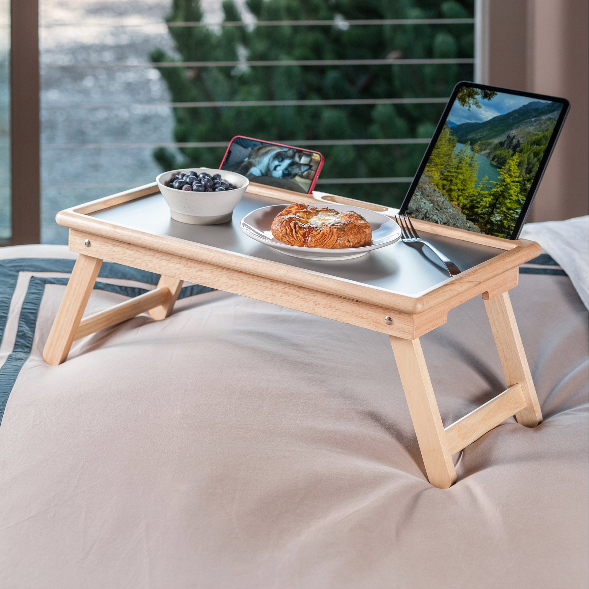 Arlo Breakfast Tray with Flip Top, Gray and Natural