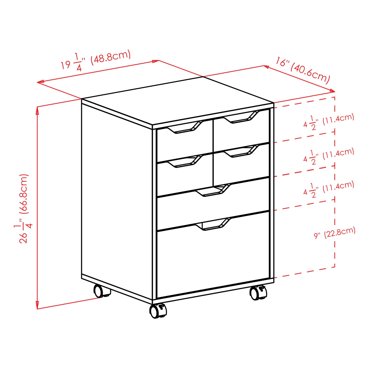 Norfolk 4 Bins, 2 Drawer Mobile Cabinet, Black Finish