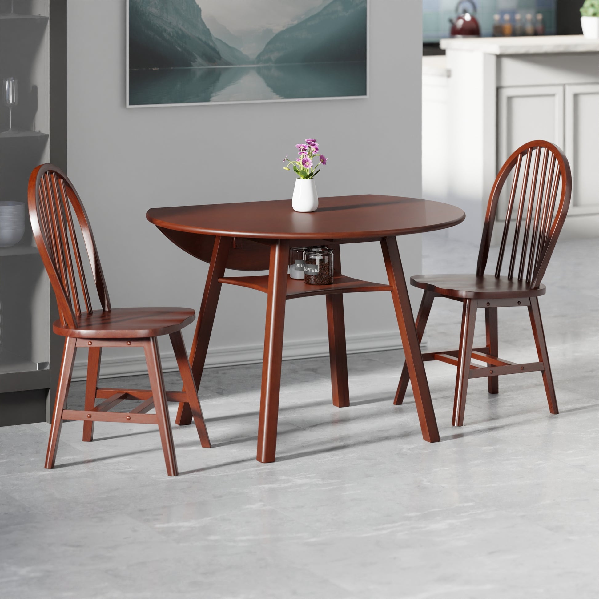 Marbelle 3-Pc Drop Leaf Dining Table with 2 Windsor Chairs, Walnut