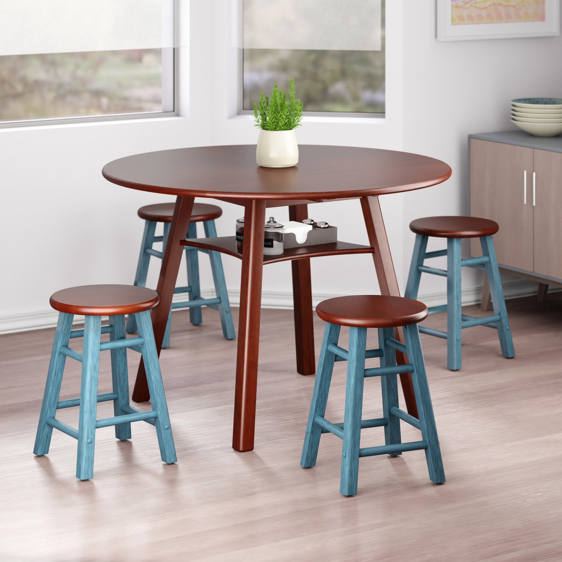 Marbelle Table 5-Pc Drop Leaf Dining Table, Walnut Finish, with 4 Element 18” Dining Stools, Walnut Rustic Teal Finish