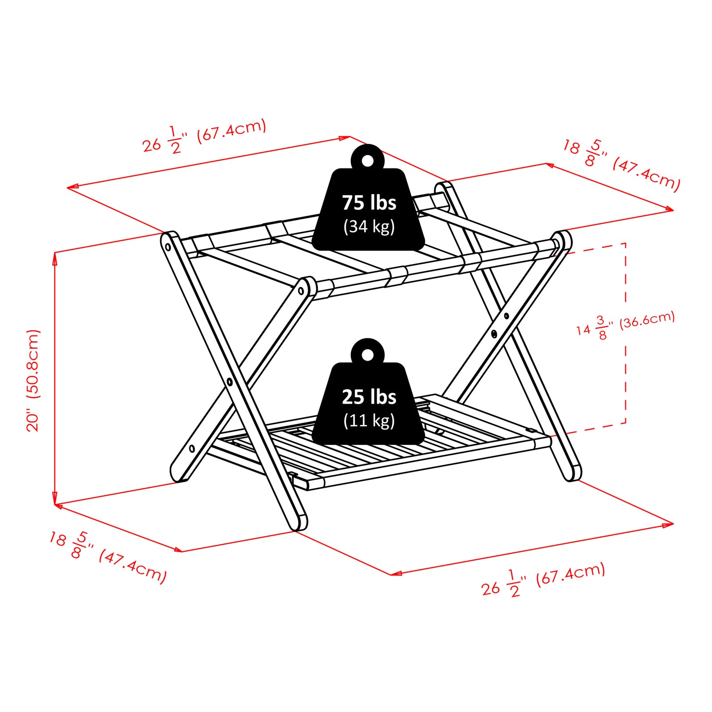 Reese Luggage Rack with Shelf, White
