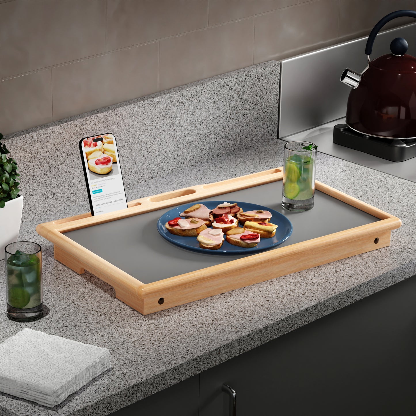 Arlo Breakfast Tray with Flip Top, Gray and Natural