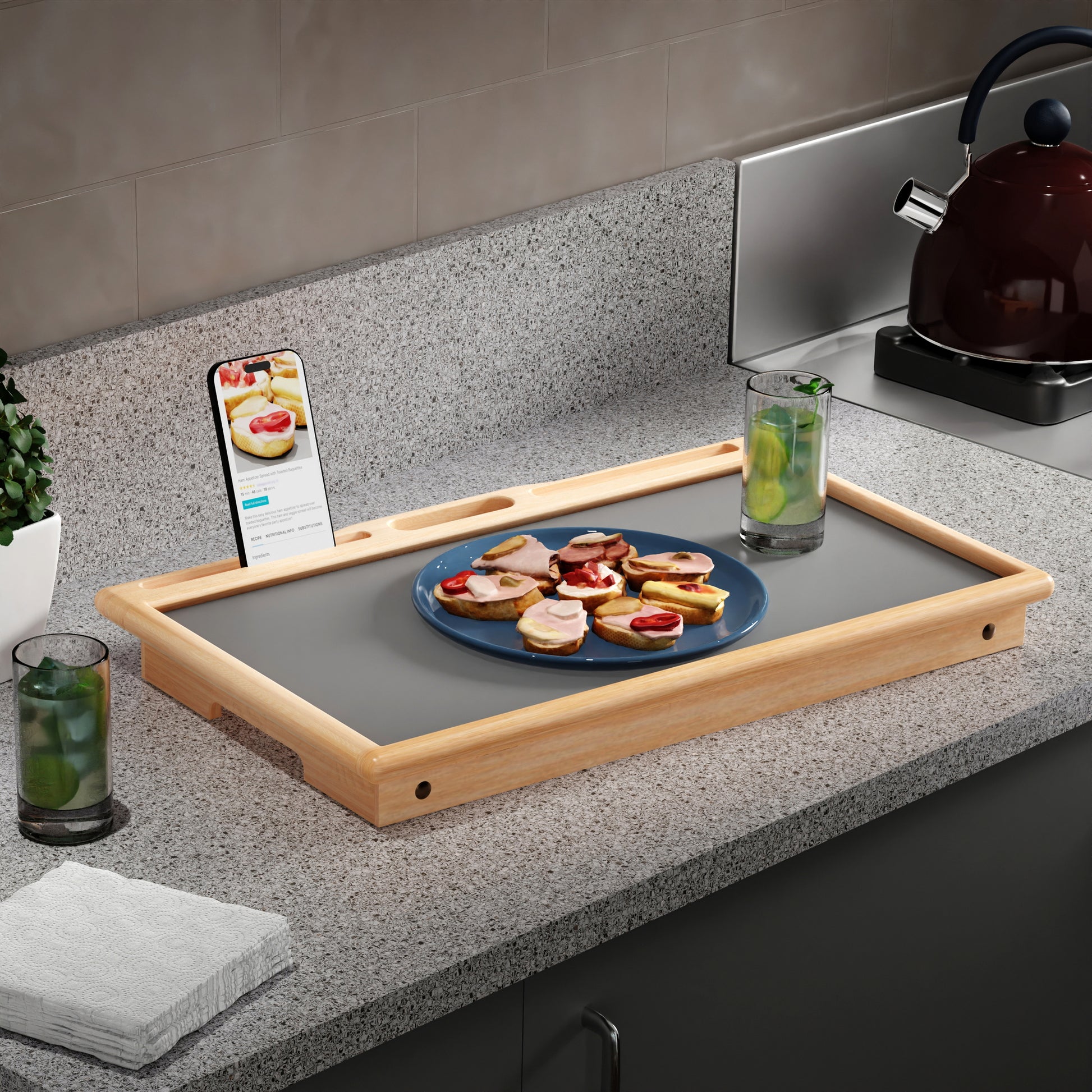Arlo Breakfast Tray with Flip Top, Gray and Natural