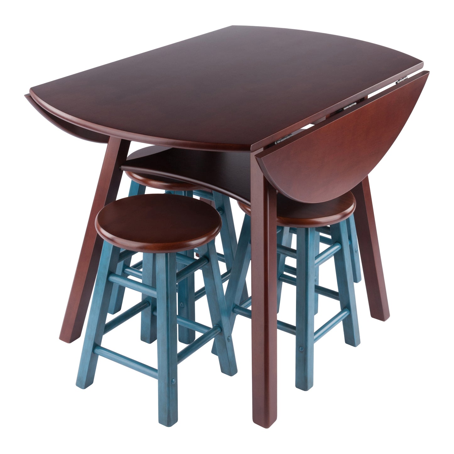Marbelle Table 5-Pc Drop Leaf Dining Table, Walnut Finish, with 4 Element 18” Dining Stools, Walnut Rustic Teal Finish