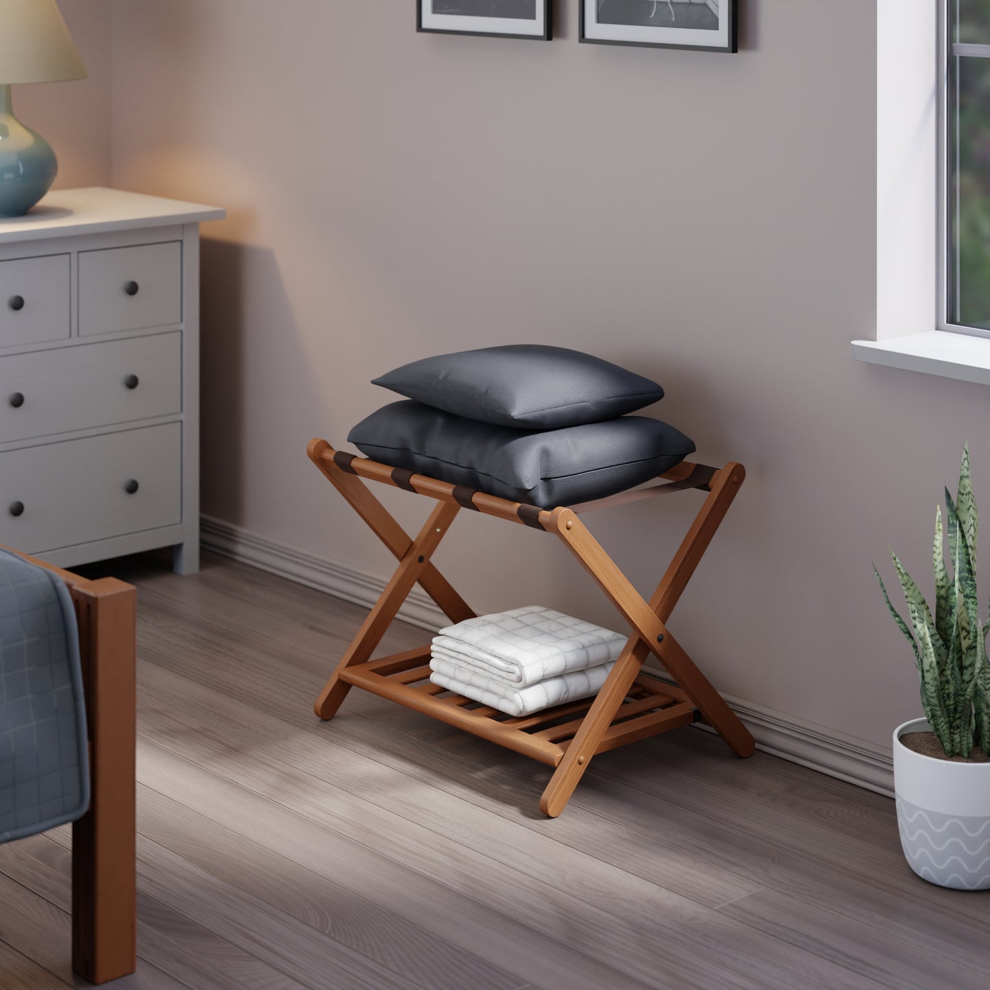 Reese Luggage Rack with Shelf, Teak