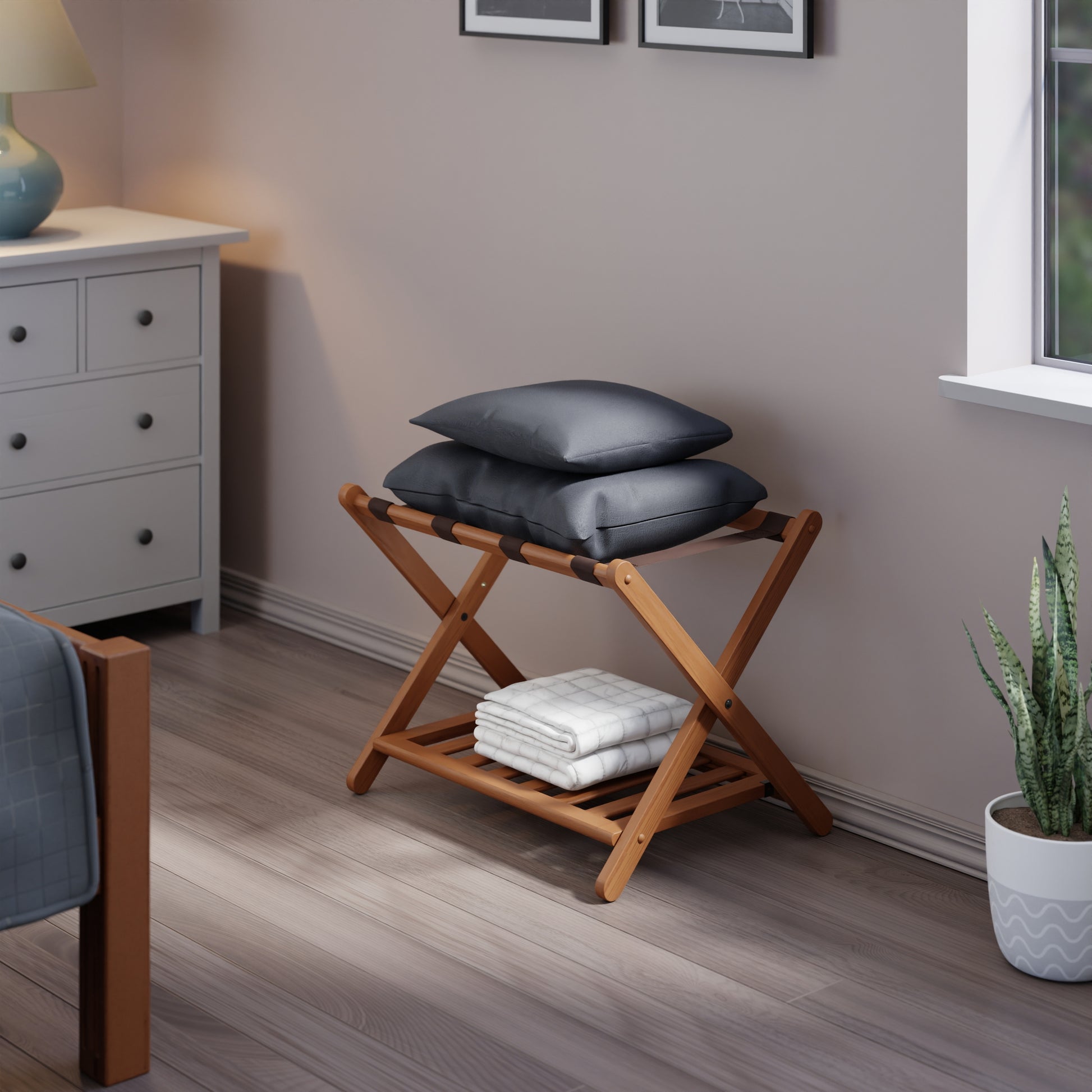 Reese Luggage Rack with Shelf, Teak