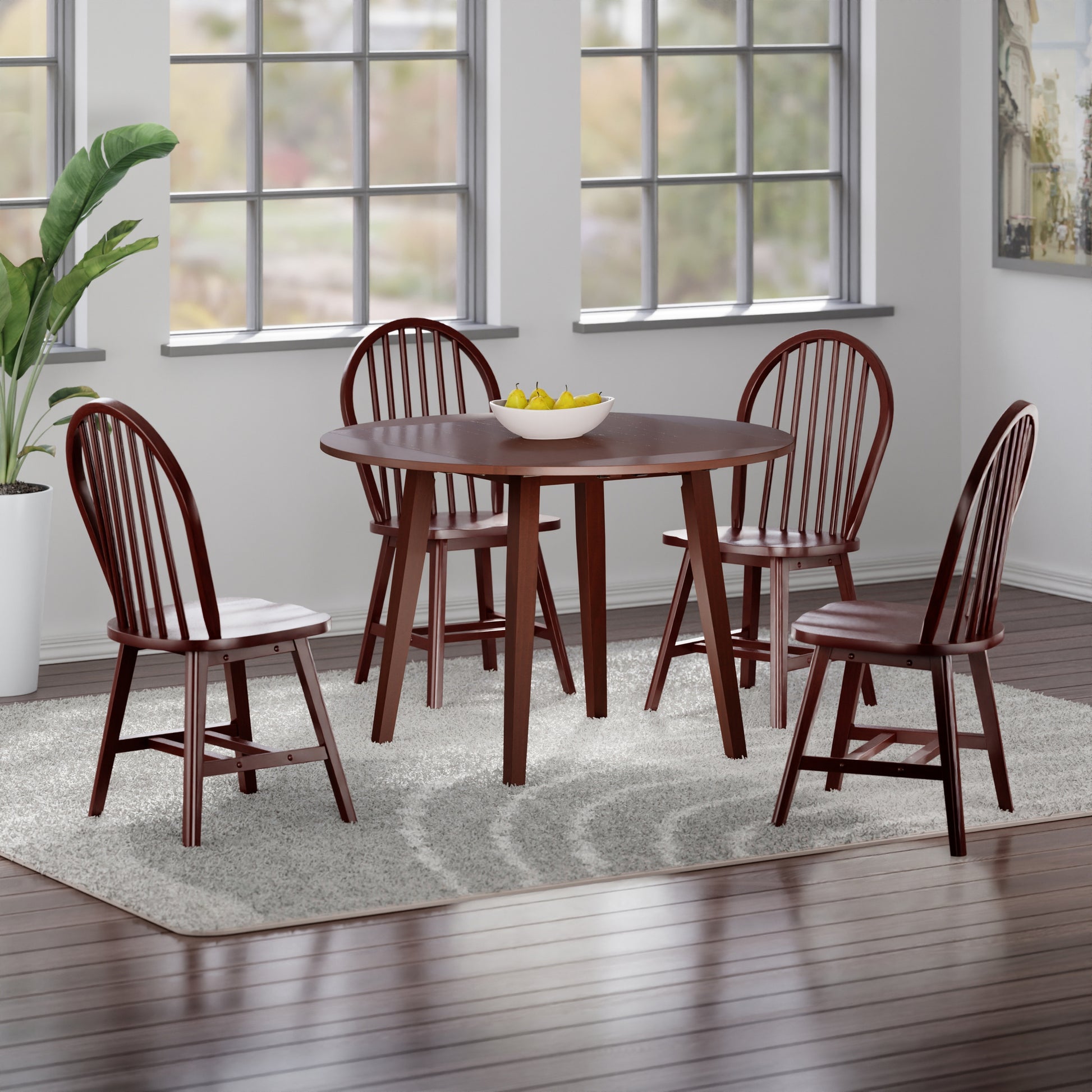 Dawson Extendable Round Dining Table with 4 Windsor Chairs, 43" Wide, Walnut