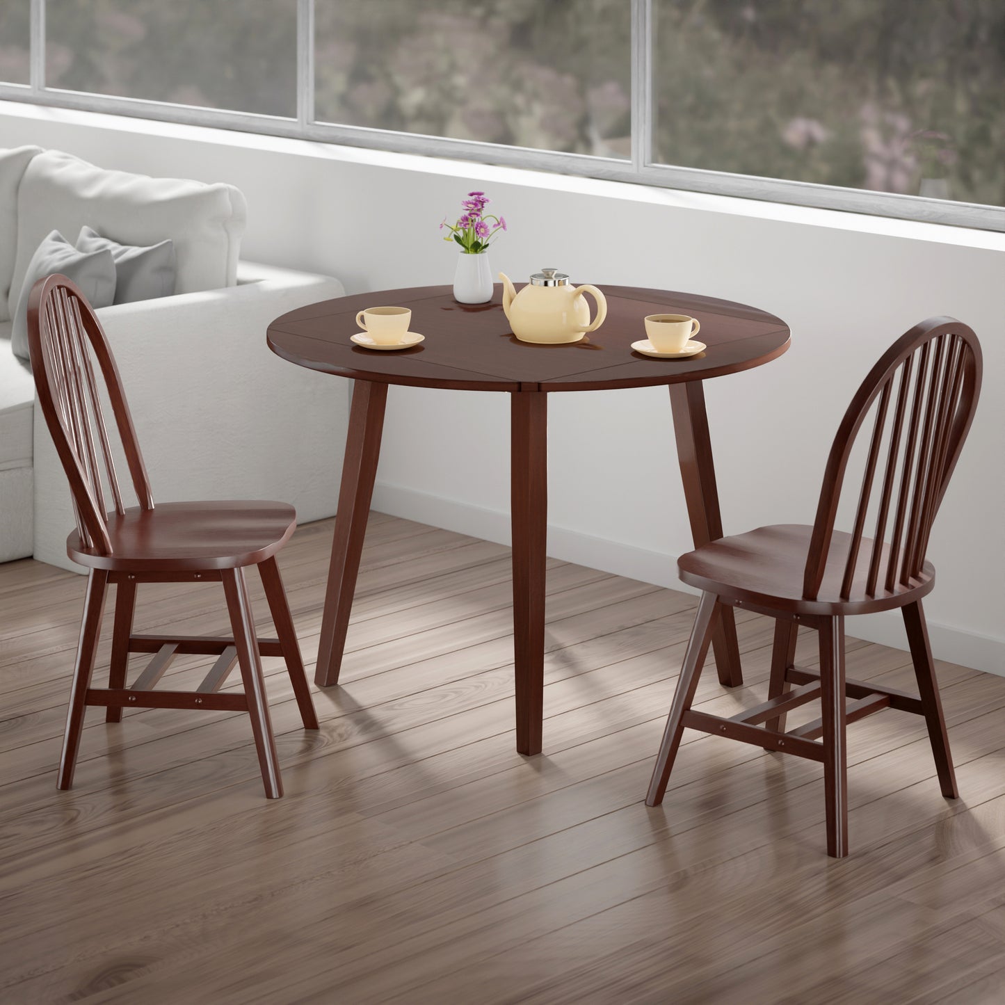 Dawson Extendable Round Dining Table with 2 Windsor Chairs, 43" Wide, Walnut