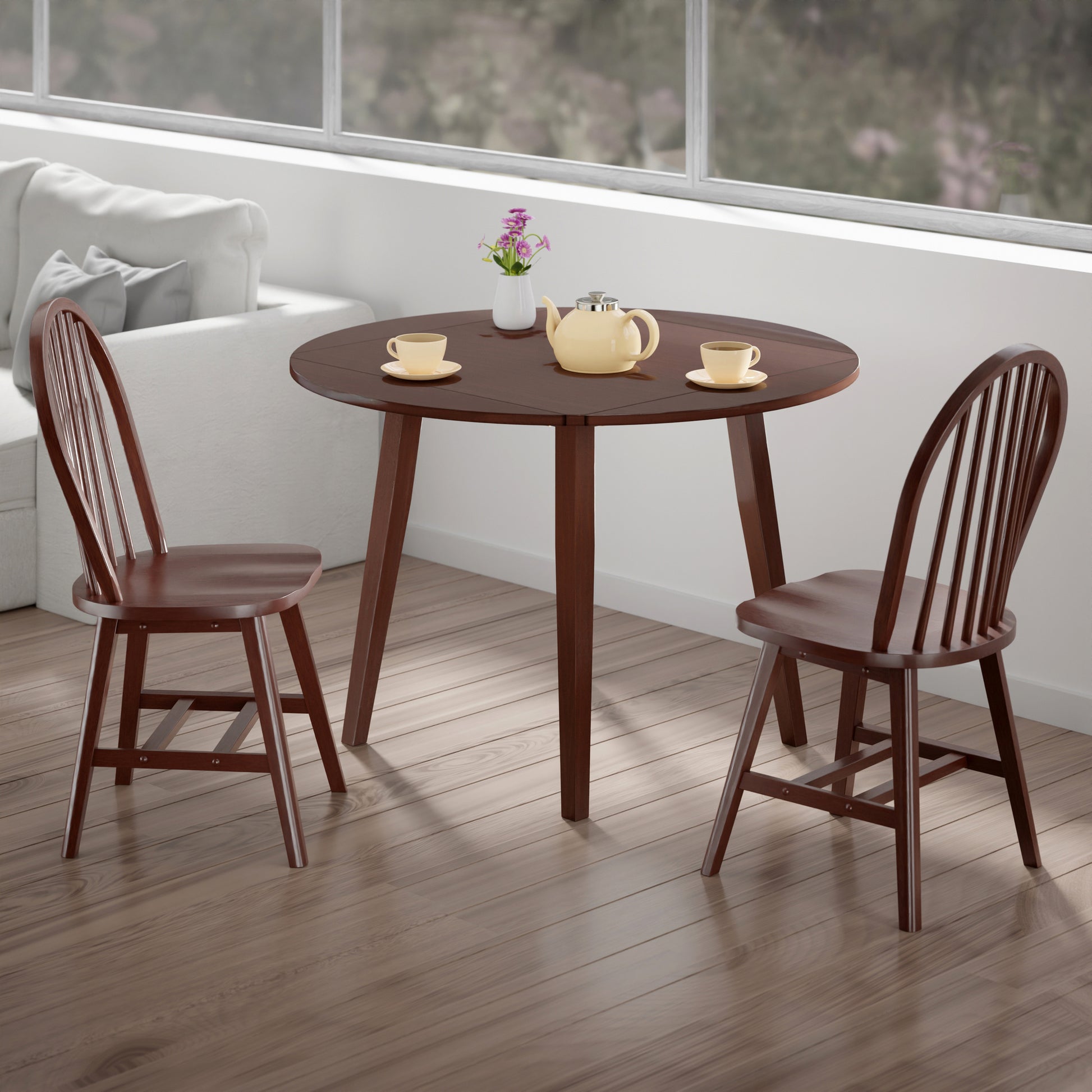 Dawson Extendable Round Dining Table with 2 Windsor Chairs, 43" Wide, Walnut