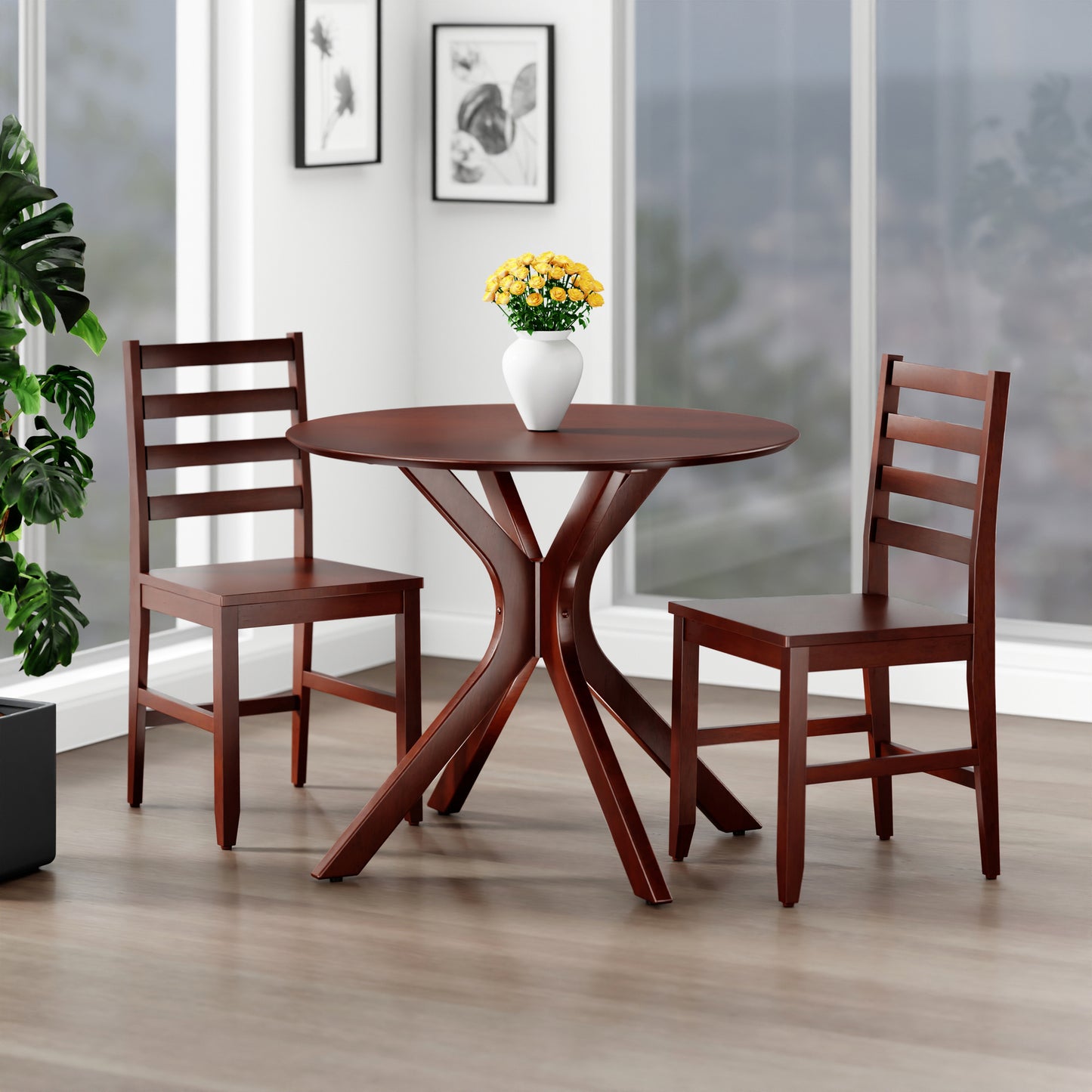 Lexa Dining Table with Splayed Legs, Walnut Finish with 2 Hamilton Dining Chairs