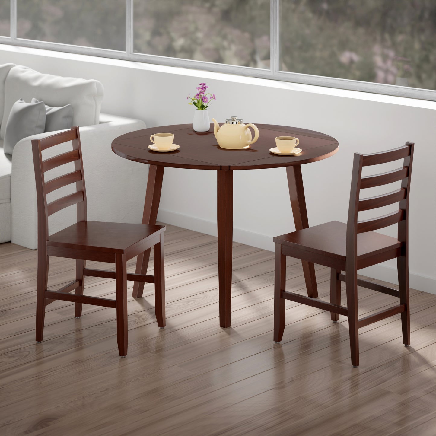 Dawson Extendable Round Dining Table with 2 Ladder-Back Chairs, 43" Wide, Walnut