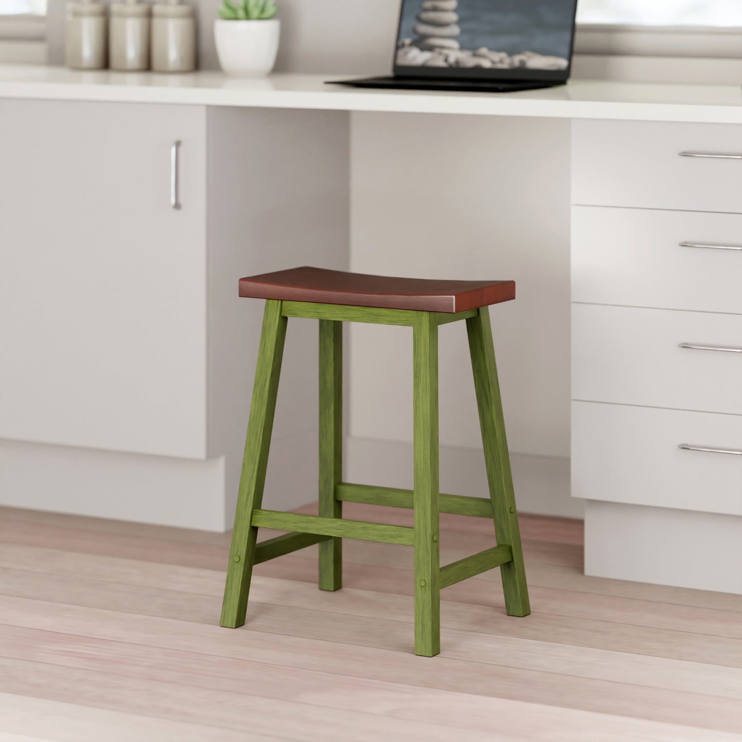 Satori Saddle Seat Counter Stool, Rustic Green and Walnut