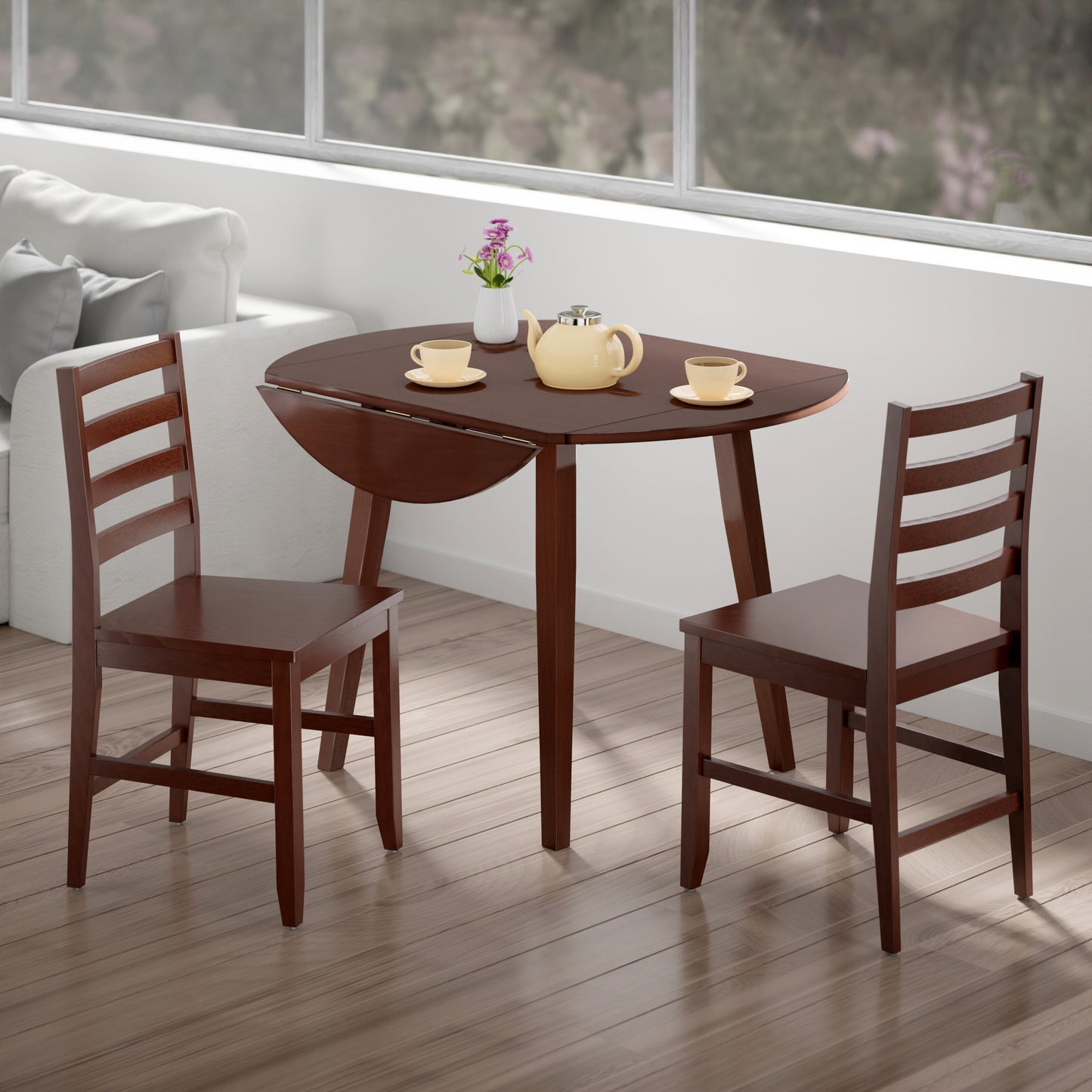 Dawson Extendable Round Dining Table with 2 Ladder-Back Chairs, 43" Wide, Walnut