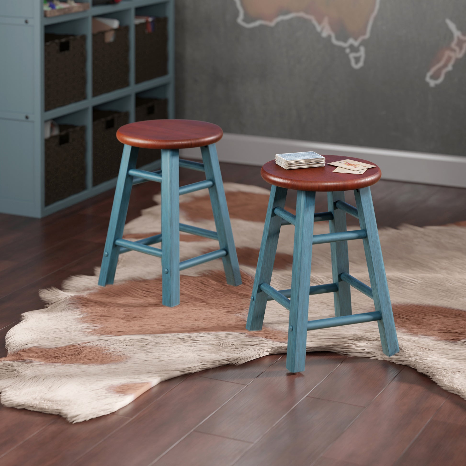 Element 2-Pc Dining Stool Set, Rustic Teal & Walnut