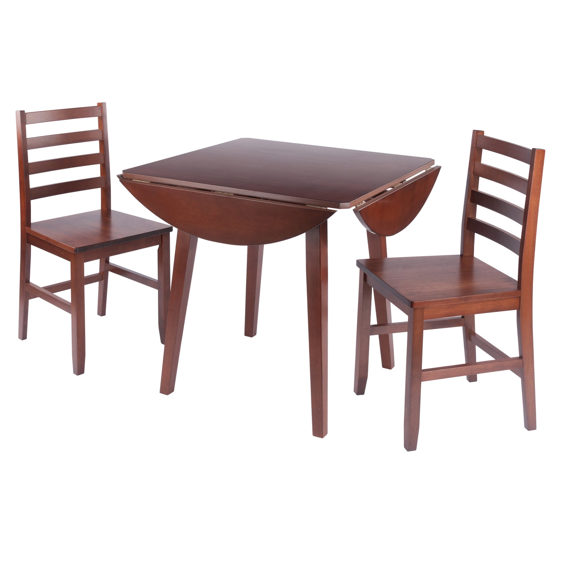 Dawson Extendable Round Dining Table with 2 Ladder-Back Chairs, 43" Wide, Walnut