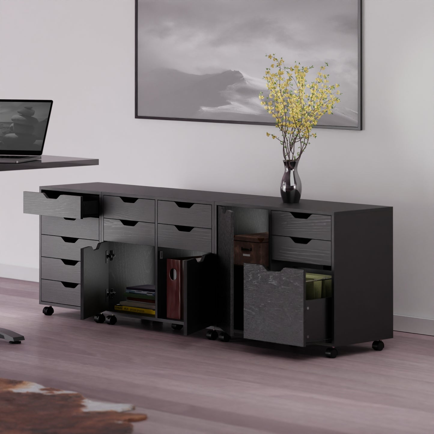 Halifax 3-Pc Cabinet Set with File Drawer, Black