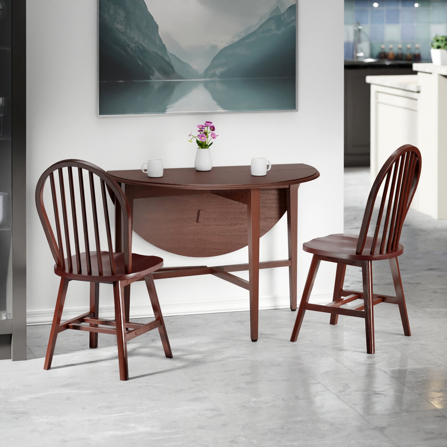 Hannah 3-Pc Drop Leaf Table with Windsor Chairs, Walnut