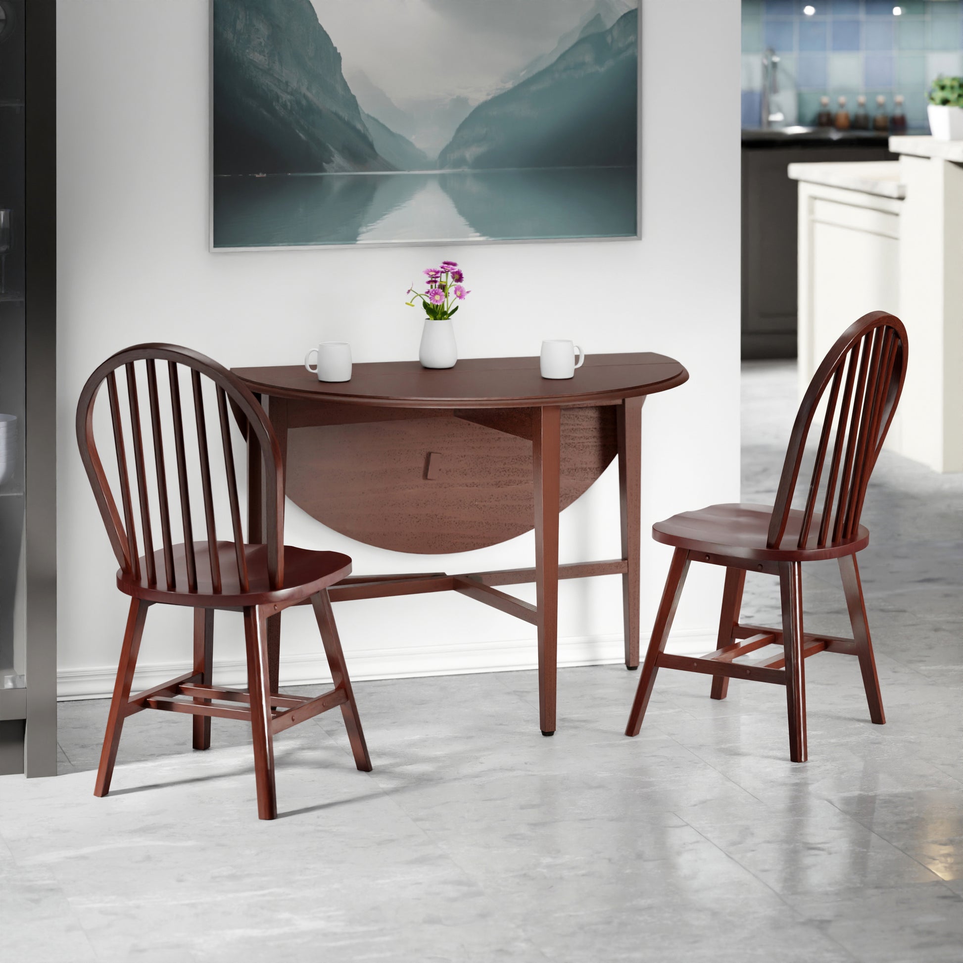 Hannah 3-Pc Drop Leaf Table with Windsor Chairs, Walnut