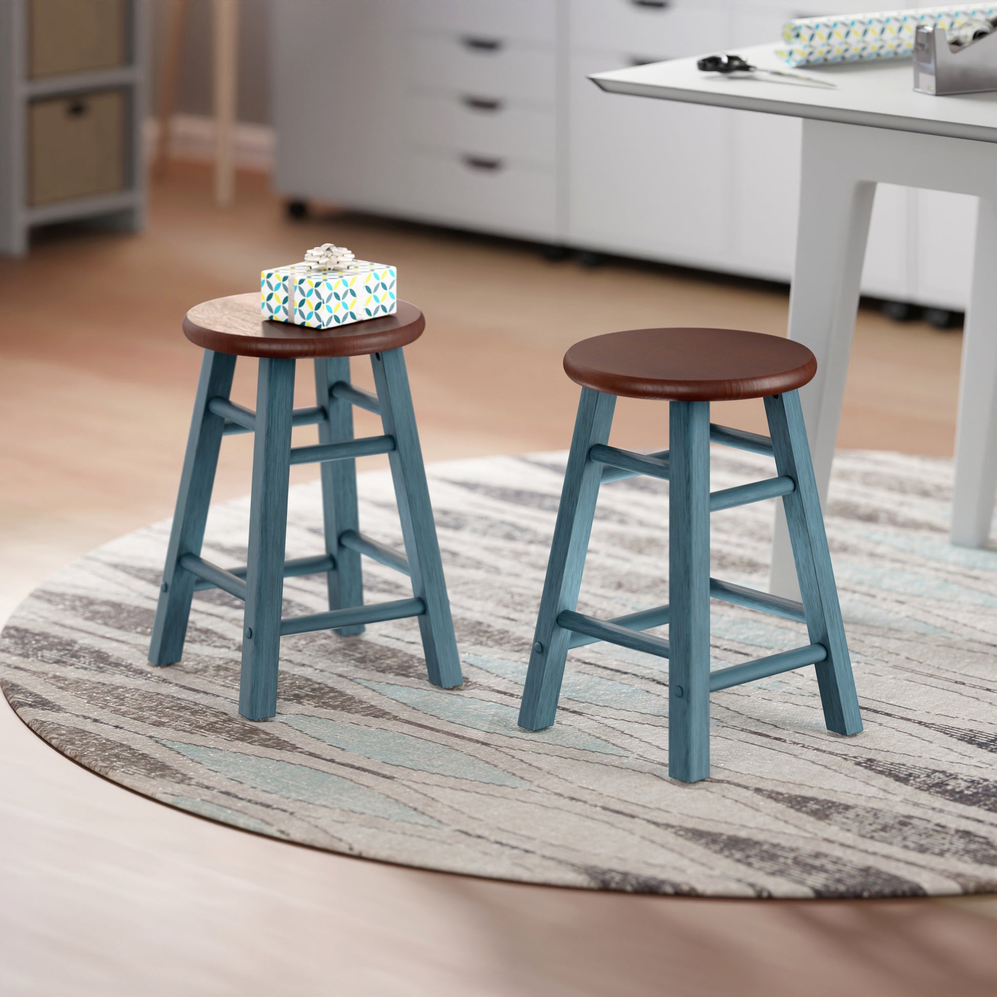 Element 2-Pc Dining Stool Set, Rustic Teal & Walnut