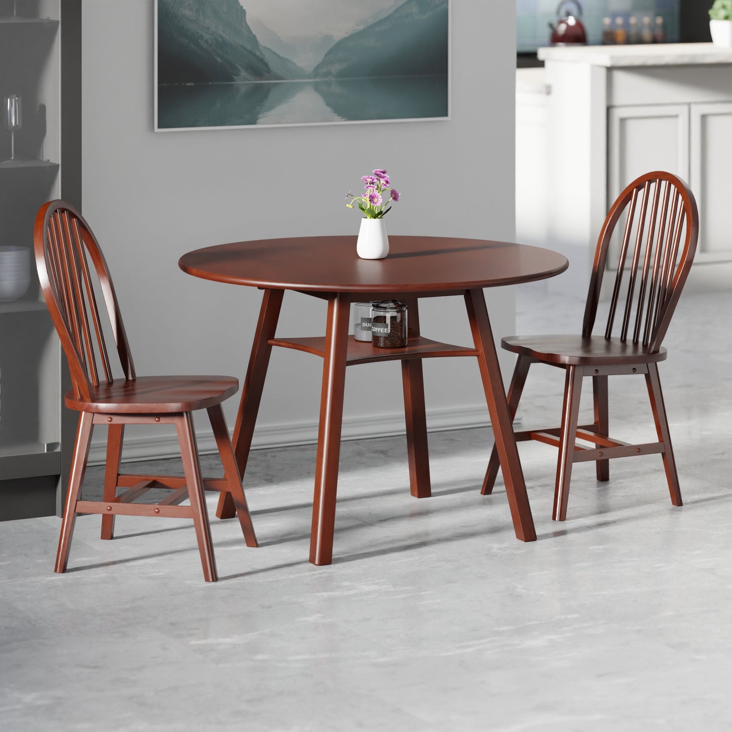 Marbelle 3-Pc Drop Leaf Dining Table with 2 Windsor Chairs, Walnut