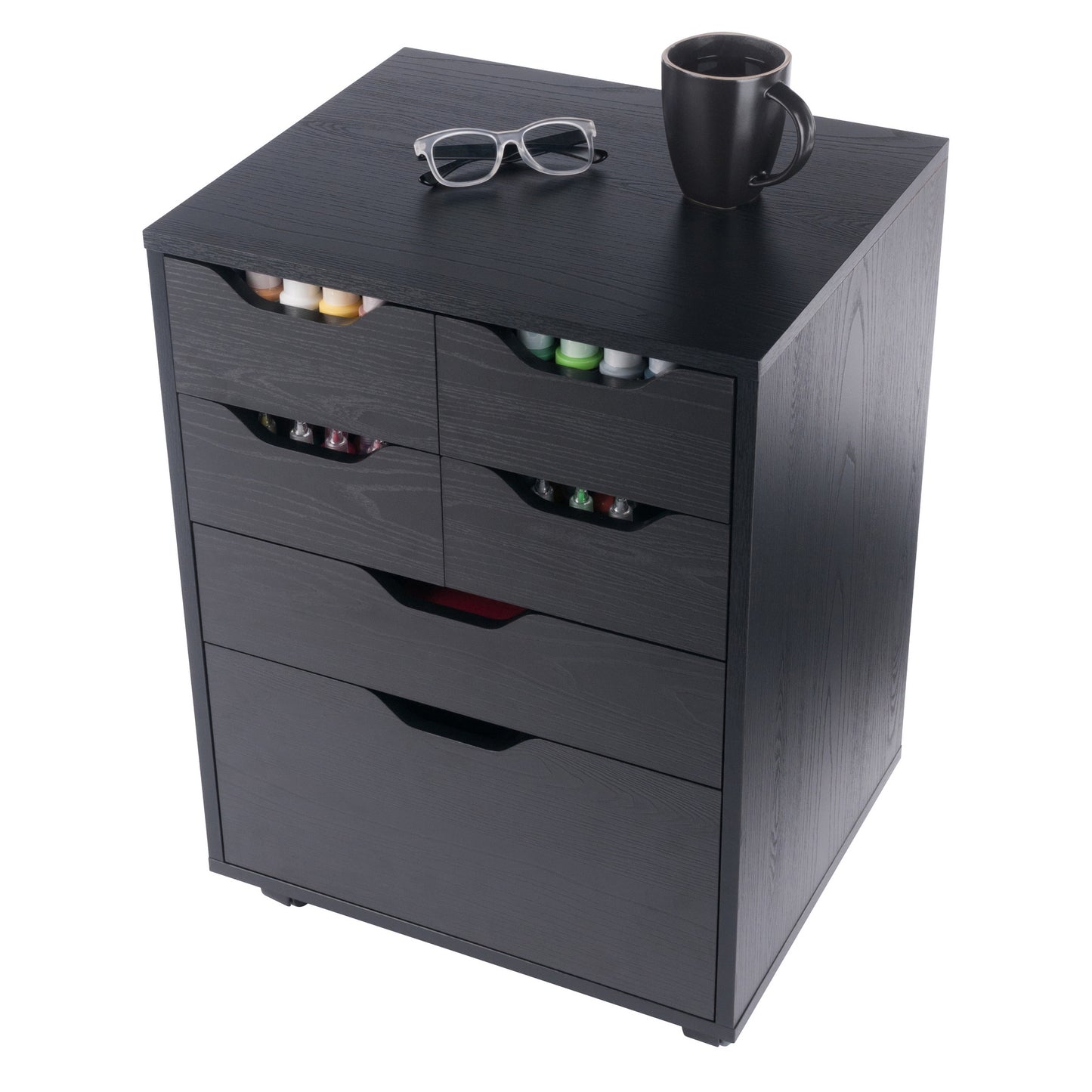 Norfolk 4 Bins, 2 Drawer Mobile Cabinet, Black Finish