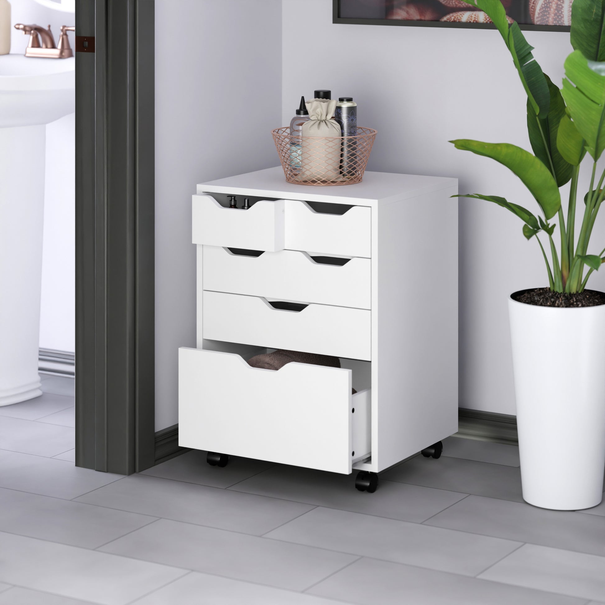 Norfolk 4 Bins, 2 Drawer Mobile Cabinet, White Finish