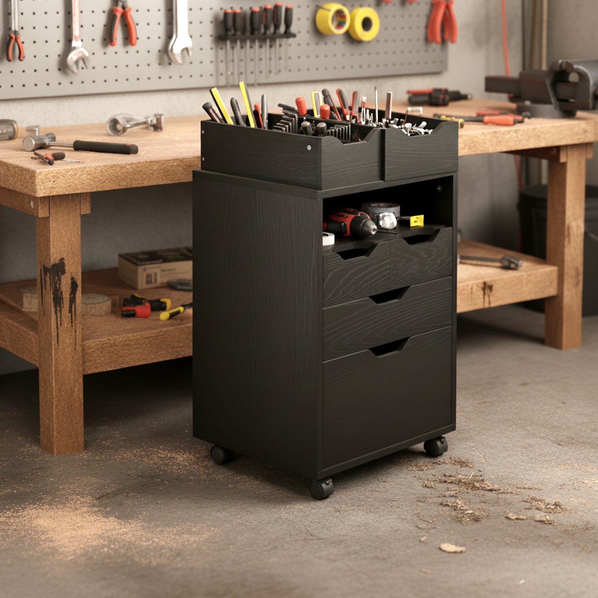 Norfolk 4 Bins, 2 Drawer Mobile Cabinet, Black Finish