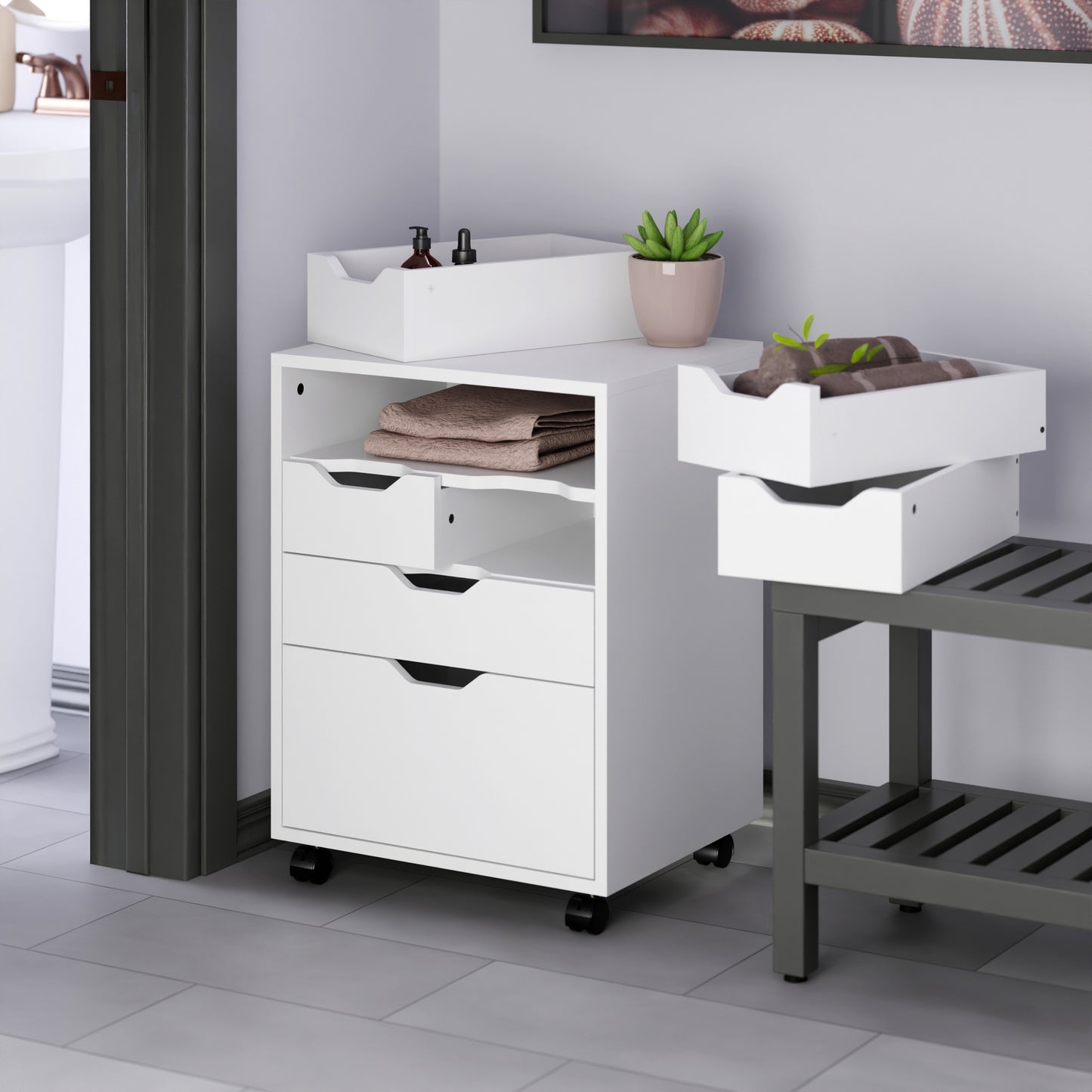 Norfolk 4 Bins, 2 Drawer Mobile Cabinet, White Finish