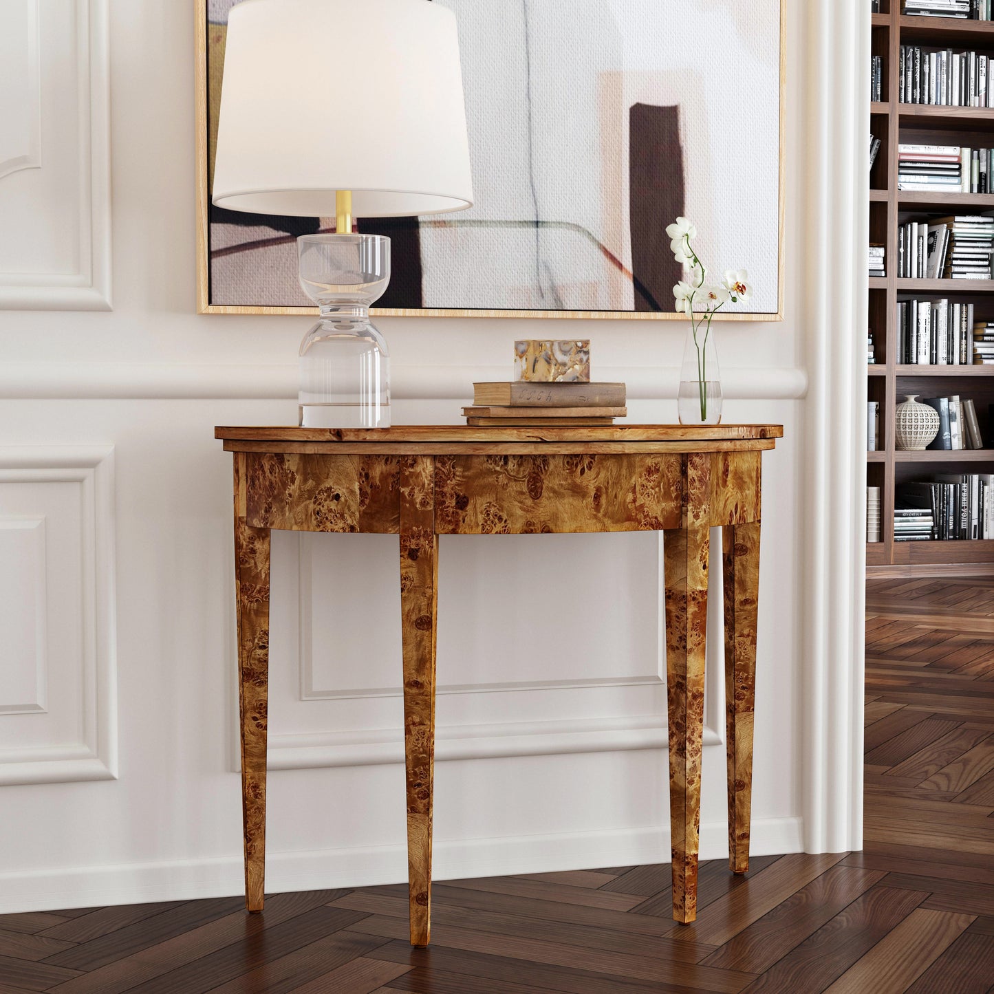 Hampton Demilune Traditional Burl 36" Console Table in Light Brown  1533442