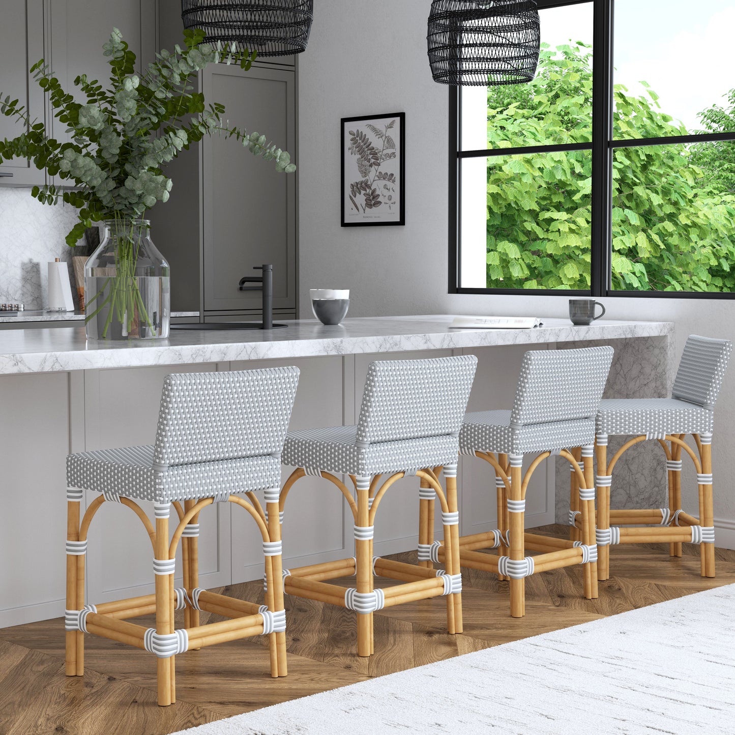 Serienna Rectangular Rattan Low Back 24.5"Counter Stool in Gray and White 5585329