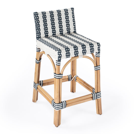 Serienna Rectangular Rattan Low Back 24.5"Counter Stool in White and Navy Stripe 5585372
