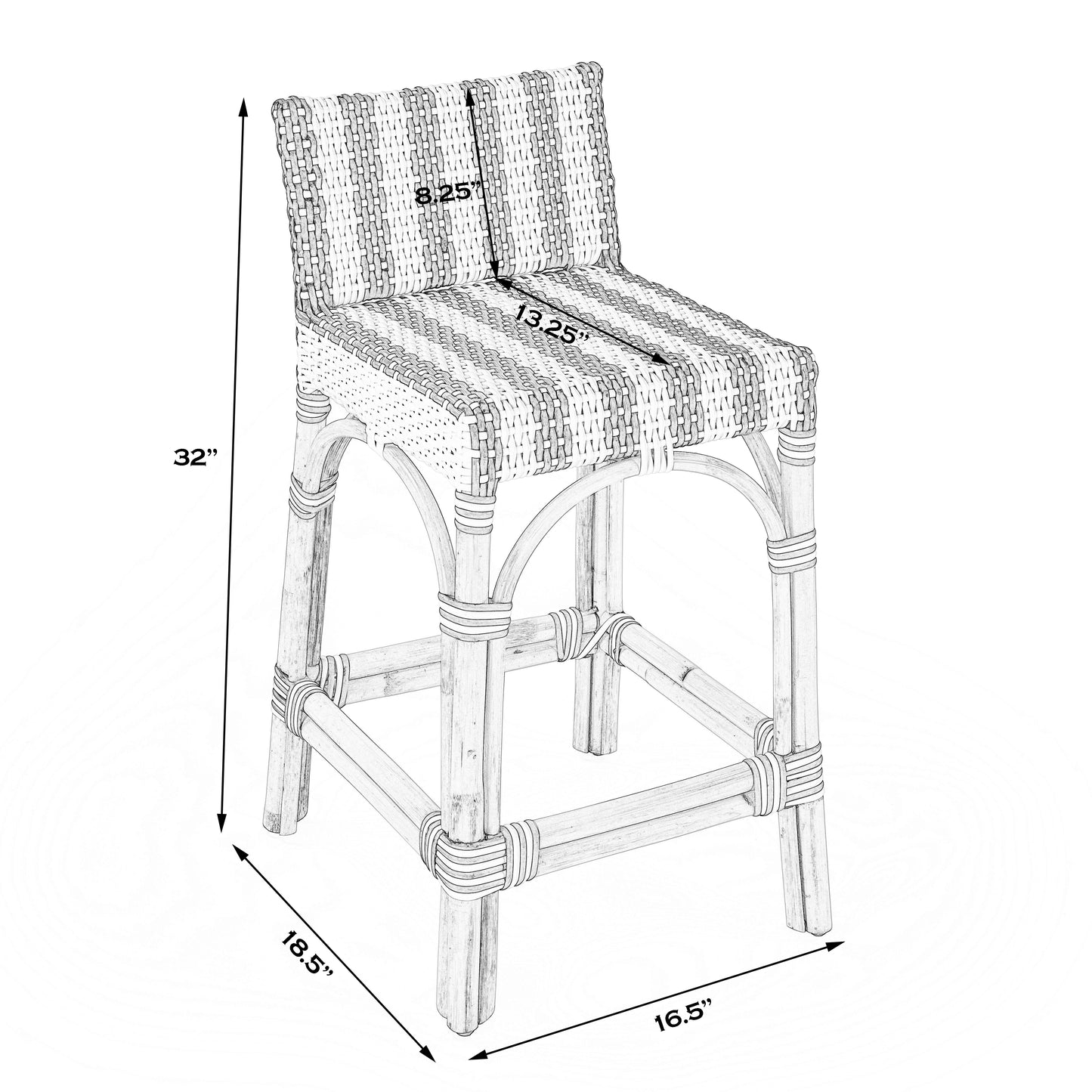 Serienna Rectangular Rattan Low Back 24.5"Counter Stool in White and Navy Stripe  5585372