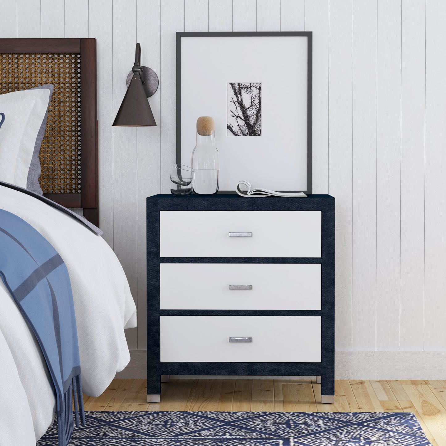 Keros Raffia 3 Drawer Nightstand in Navy and White 5610350
