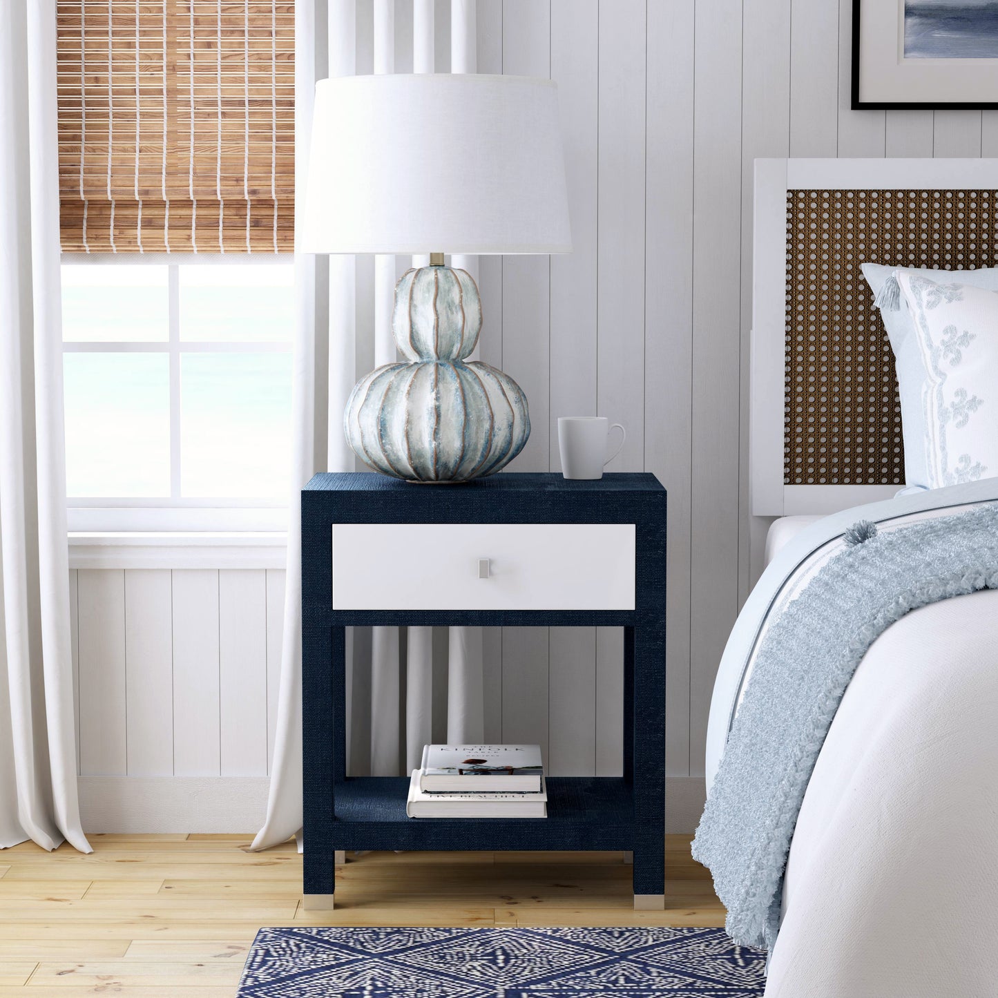 Keros 1 Drawer Raffia Nightstand in Navy and White  5611350