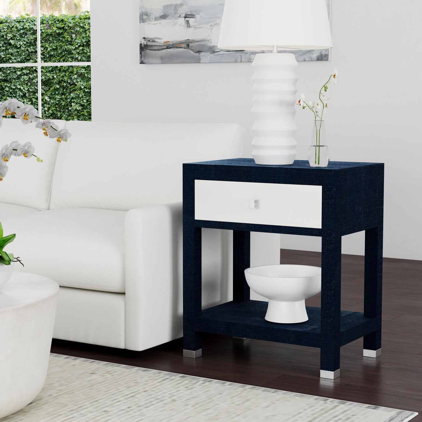 Keros 1 Drawer Raffia Nightstand in Navy and White  5611350