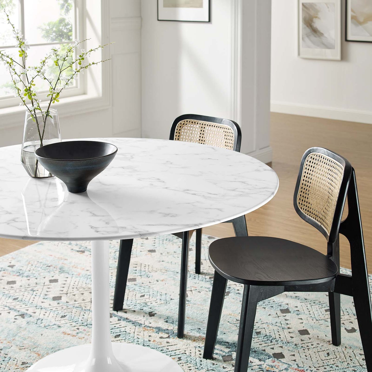 Lippa Round Dining Table with Wood and Marble Top in White