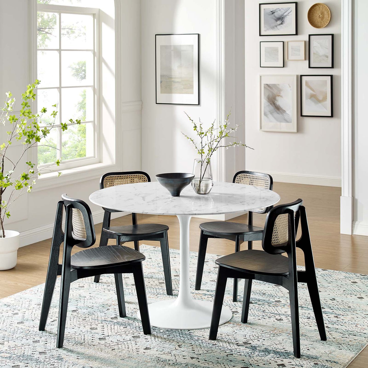 Lippa Round Dining Table with Wood and Marble Top in White