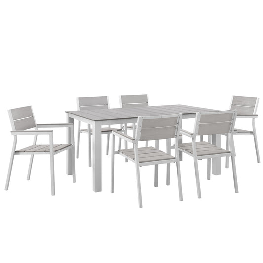 Maine 7 Piece Outdoor Patio Dining Set White Light Gray