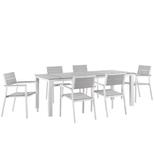 Maine 7 Piece Outdoor Patio Dining Set White Light Gray