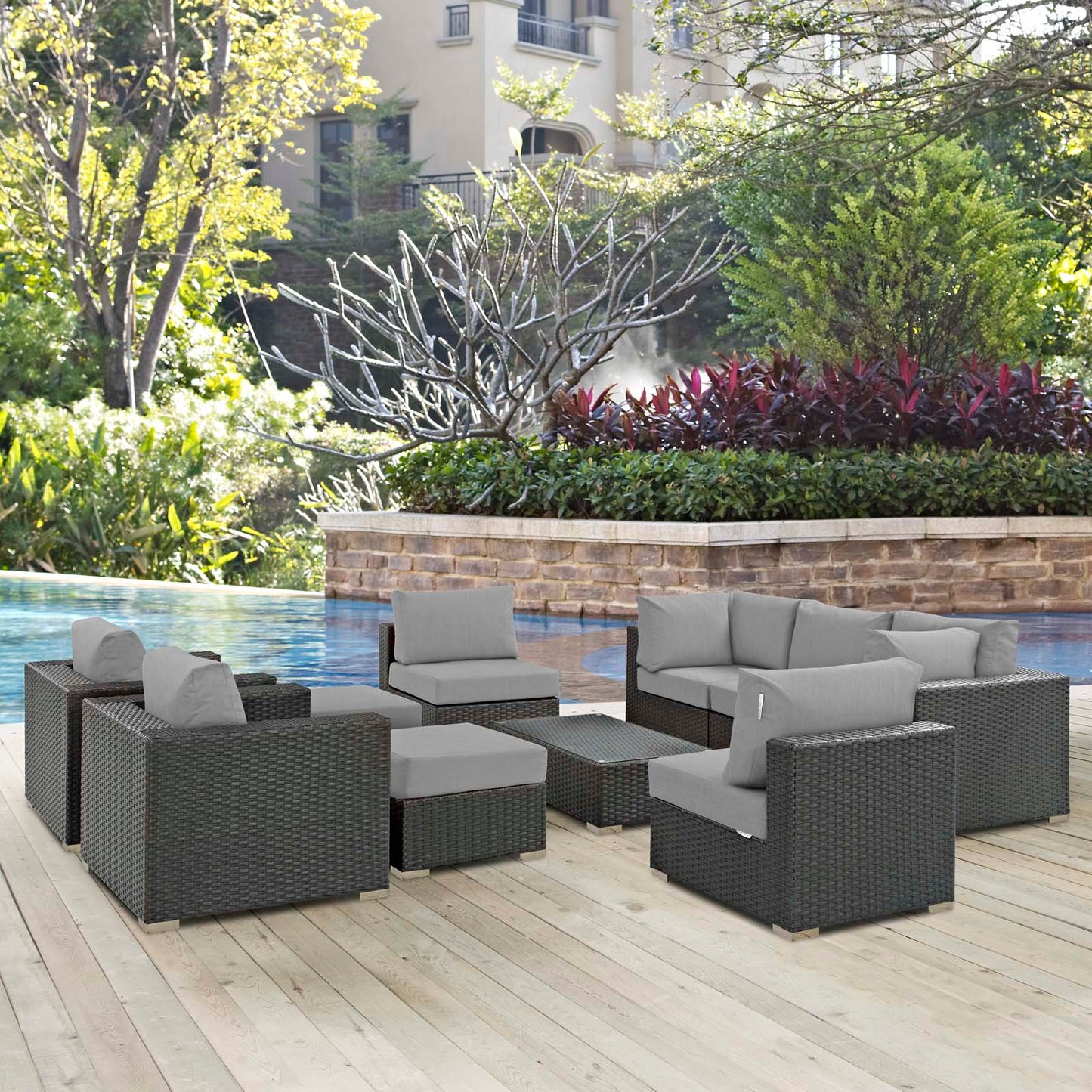 Sojourn 10 Piece Outdoor Patio Sunbrella® Sectional Set Canvas Gray EEI-1888-CHC-GRY-SET