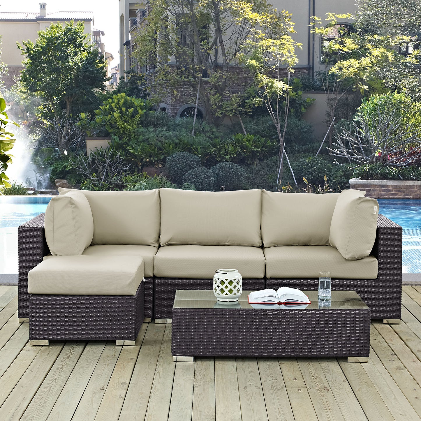 Convene 5 Piece Outdoor Patio Sectional Set Espresso