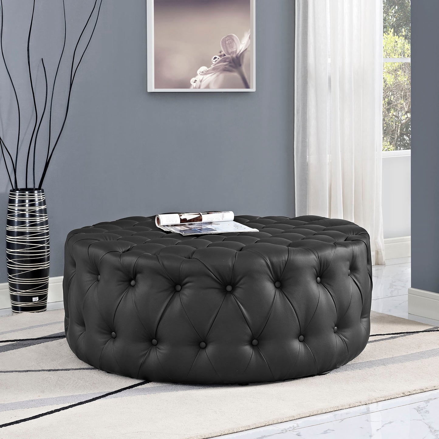 Amour Upholstered Vinyl Ottoman Black EEI-2224-BLK
