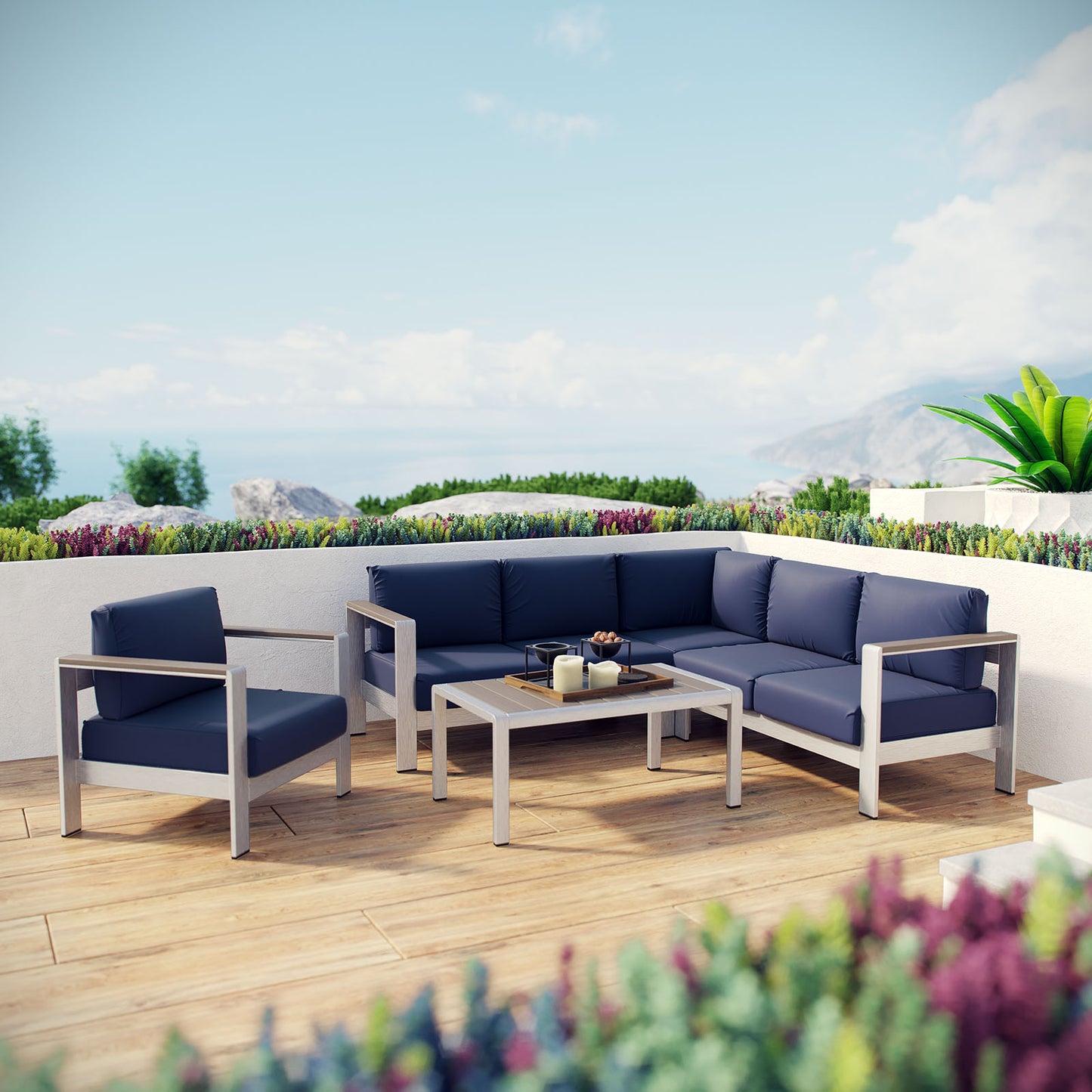 Shore 5 Piece Outdoor Patio Aluminum Sectional Sofa Set Silver Navy