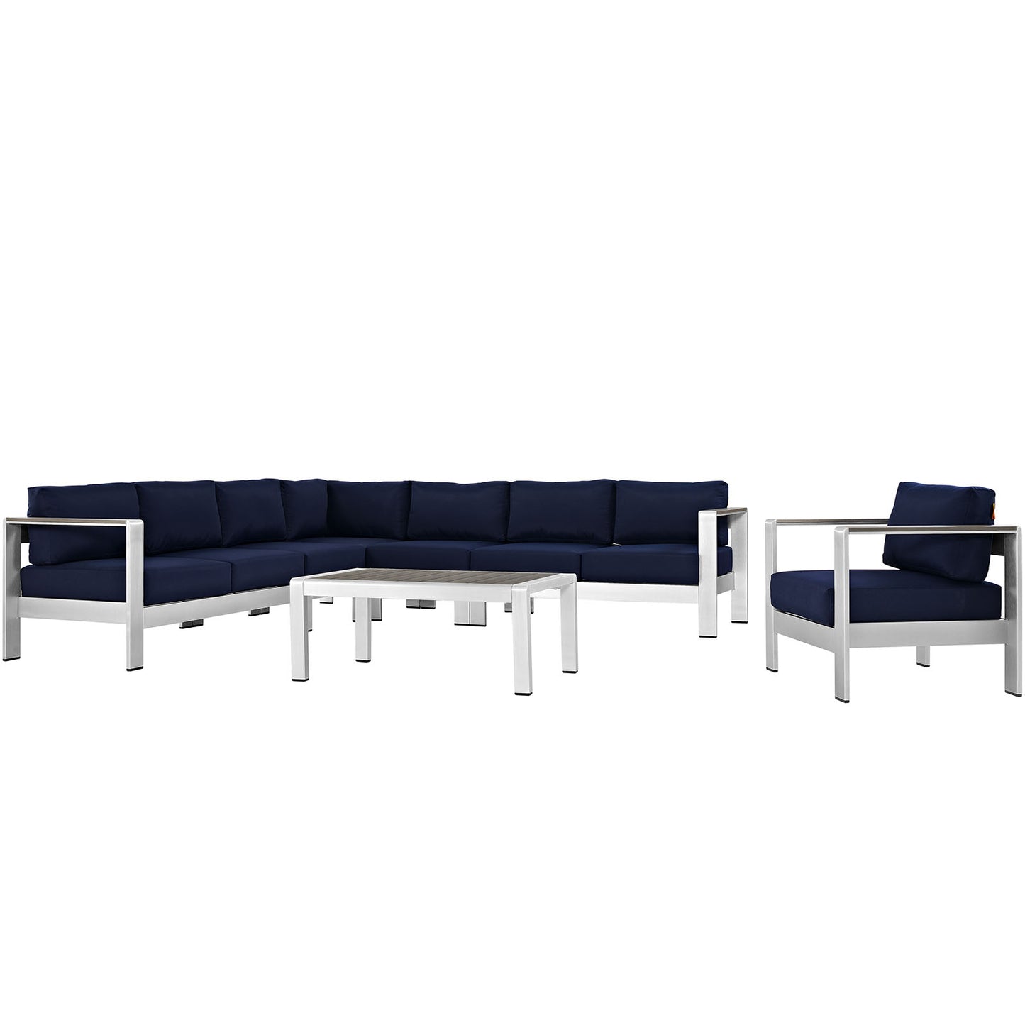 Shore 7 Piece Outdoor Patio Aluminum Sectional Sofa Set Silver Navy
