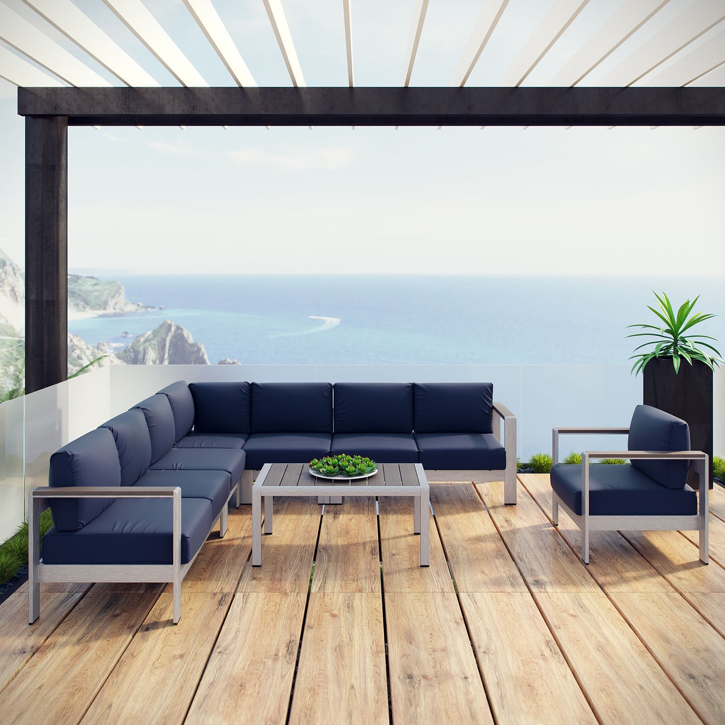 Shore 7 Piece Outdoor Patio Aluminum Sectional Sofa Set Silver Navy