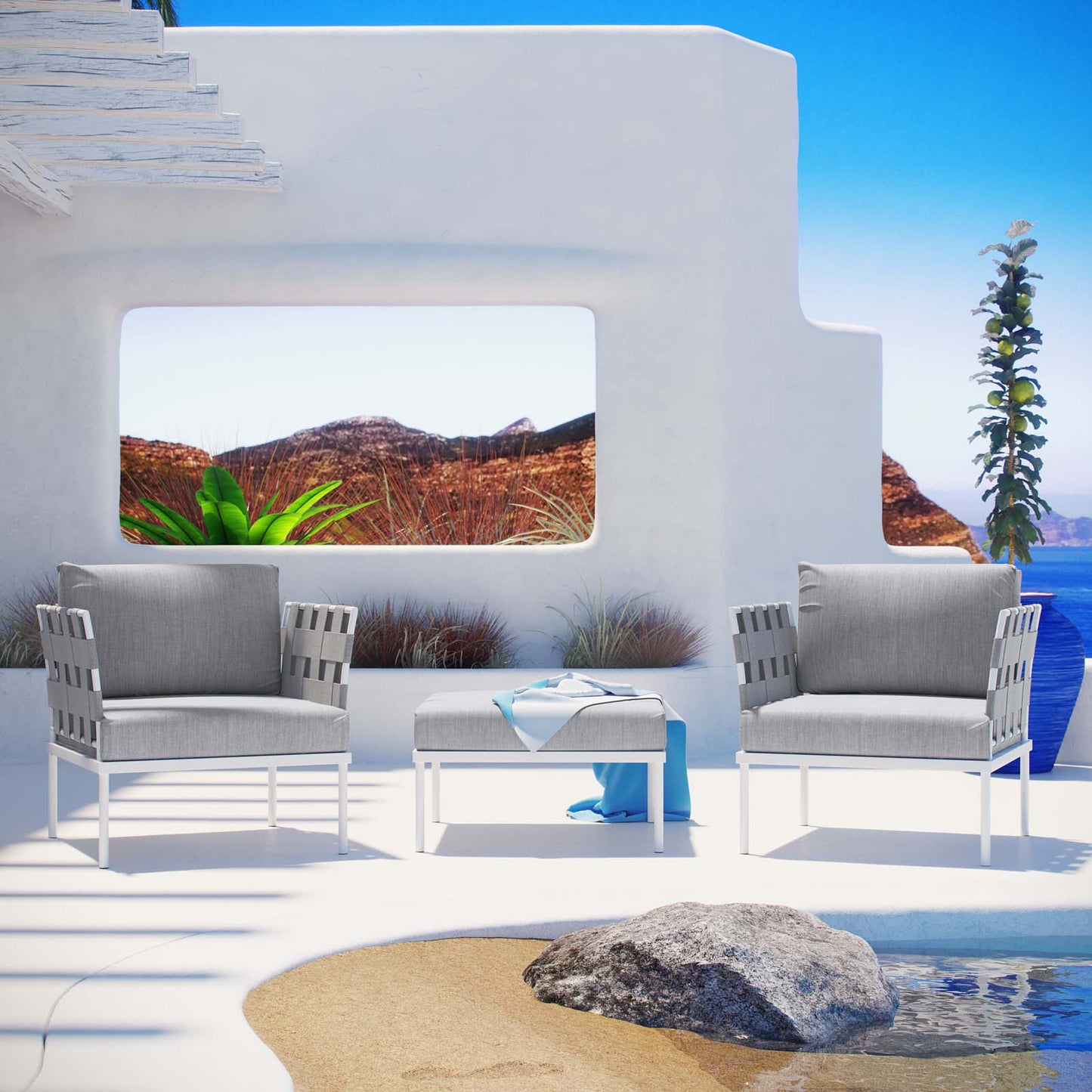 Harmony 3 Piece Outdoor Patio Aluminum Sectional Sofa Set White Gray